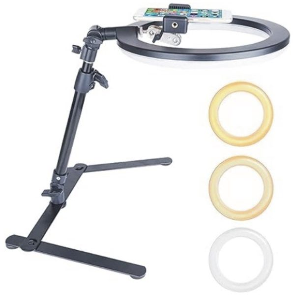 2 In 1 Desktop High Angle Shot Phone Mount With 10-Inch Dimmable LED Ring Fill Light